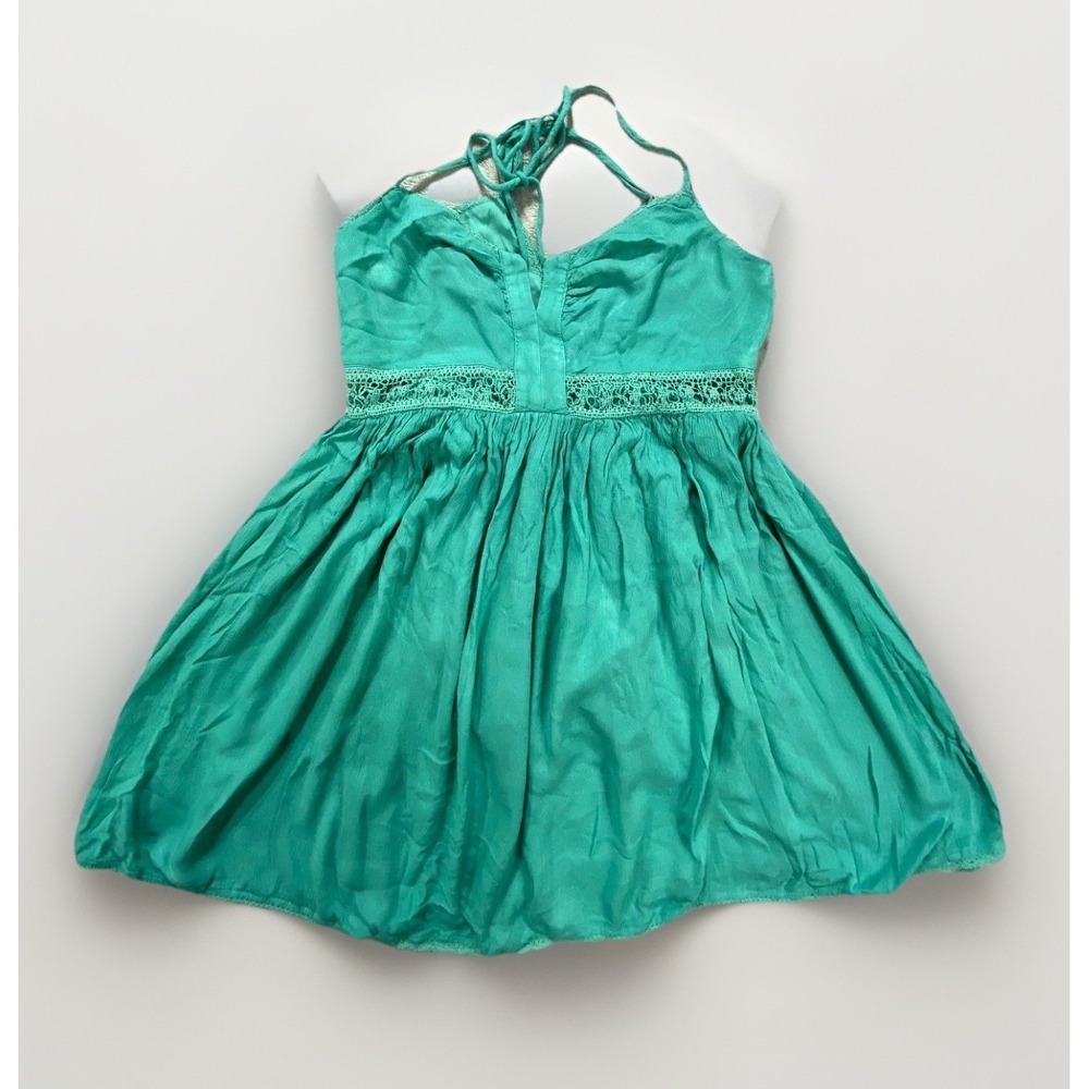 BCBGeneration Dress Womens XS Teal Green Lace‎ Trim Halter Neck Babydoll Flowy
